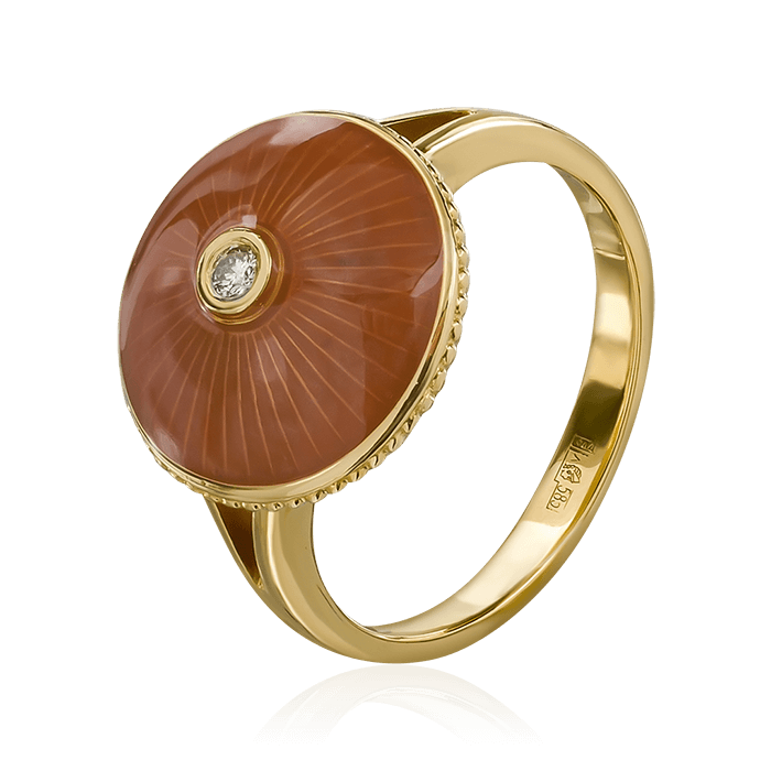 Кольцо с бриллиантом и гильошированной эмалью из желтого золота 585 (арт. 75683)