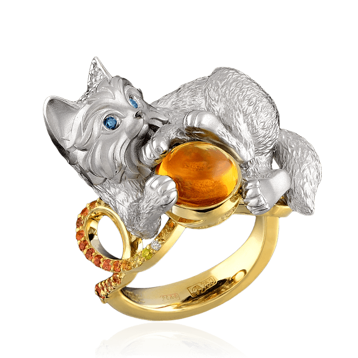 Кольцо Кошка с цитрином, цветными сапфирами и бриллиантами в белом и желтом золоте 750 пробы, фото № 1