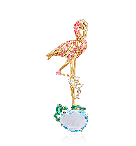 Брошь Фламинго с топазом, сапфиром, бриллиантами, изумрудом, кварцем из желтого золота 585 пробы, фото № 1