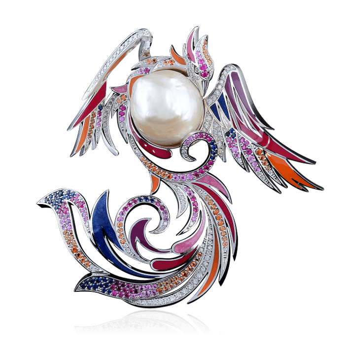 Подвеска Жар-Птица с морским жемчугом, цветными камнями и бриллиантами в белом золоте 585 пробы, фото № 1