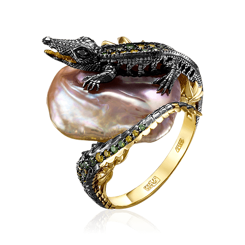 Кольцо Крокодил с жемчугом, бриллиантами из желтого золота 585 пробы, фото № 1