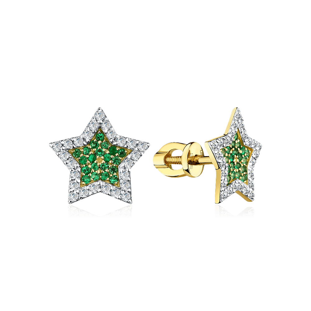 Серьги Звезды с бриллиантами, изумрудом из желтого золота 585 пробы, фото № 1