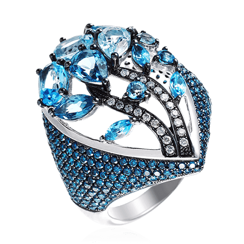 Кольцо с топазами, белыми и голубыми бриллиантами из белого золота 585 пробы, фото № 1