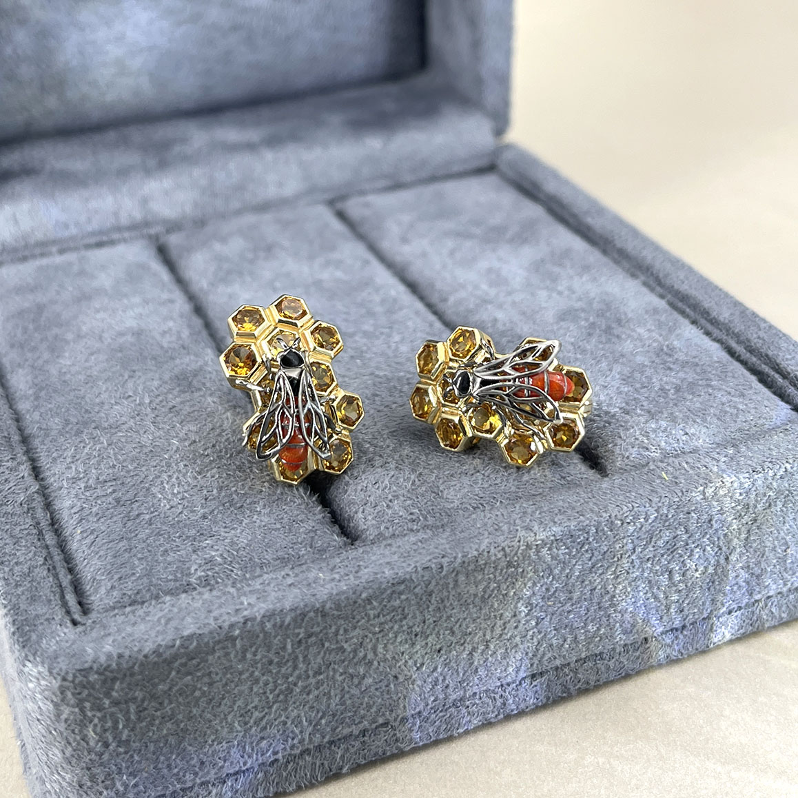 Серьги Пчелы с цитринами и эмалью в комбинированном золоте 585 пробы, фото № 2
