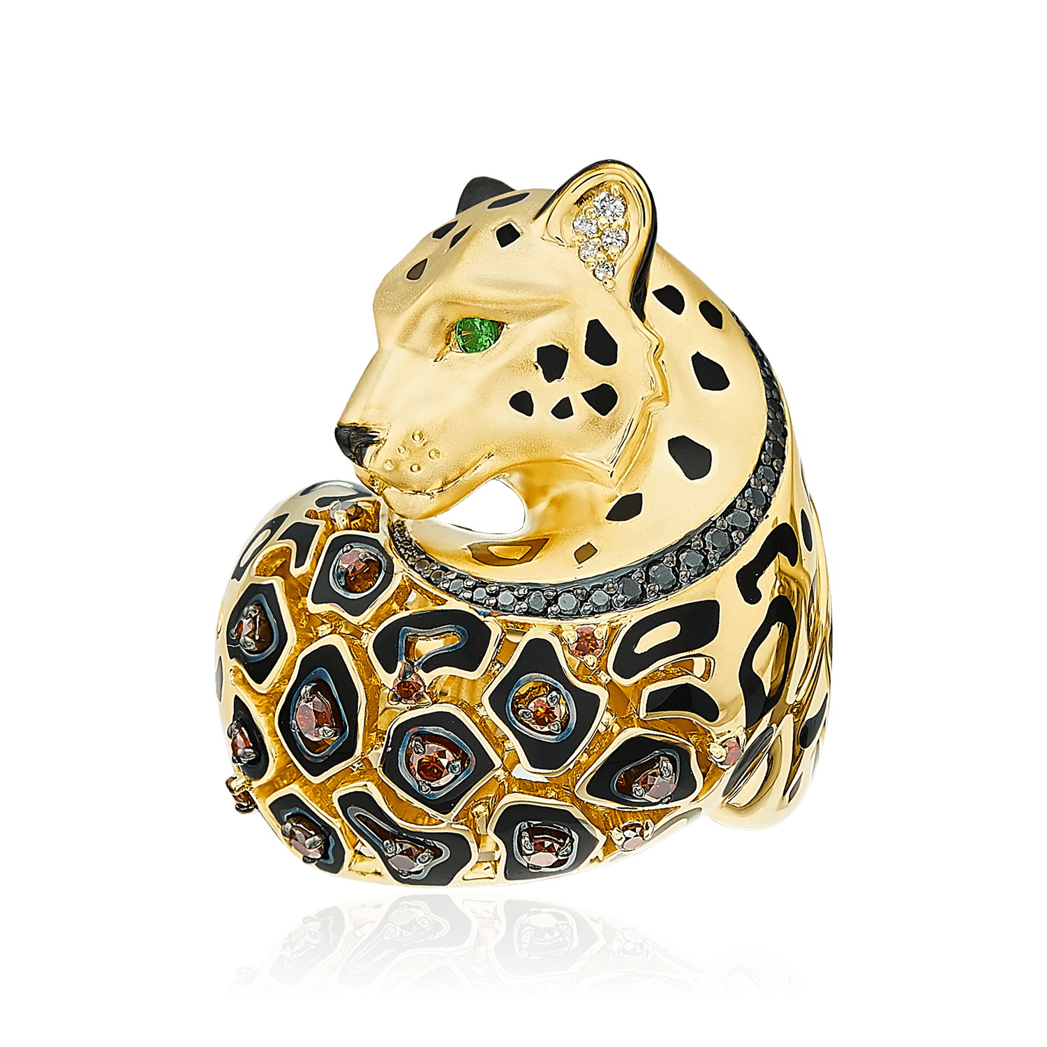 Кольцо Леопард с белыми и коньячными бриллиантами, тсаворитами, эмалью из желтого золота 750, фото № 2