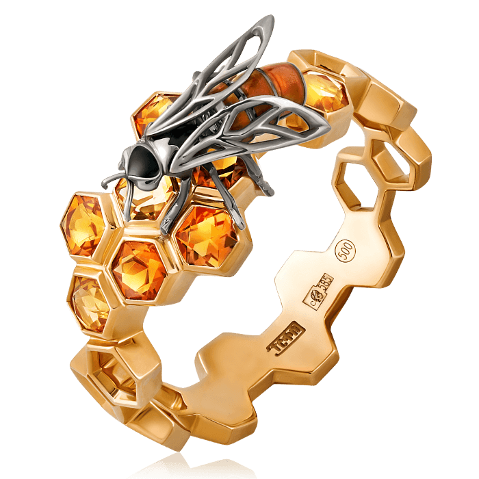Кольцо Пчела с цитринами из комбинированного золота 585 пробы, фото № 1