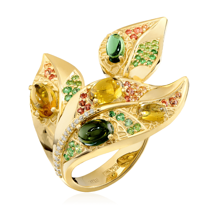 Кольцо с турмалином, бриллиантами, демантоидом, тсаворитом, цветными сапфирами из желтого золота 750 пробы (арт. 38759)