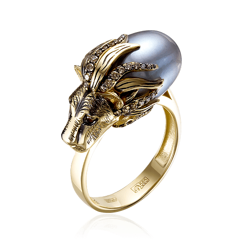 Кольцо с жемчугом, бриллиантами из желтого золота 585 пробы (арт. 68269)