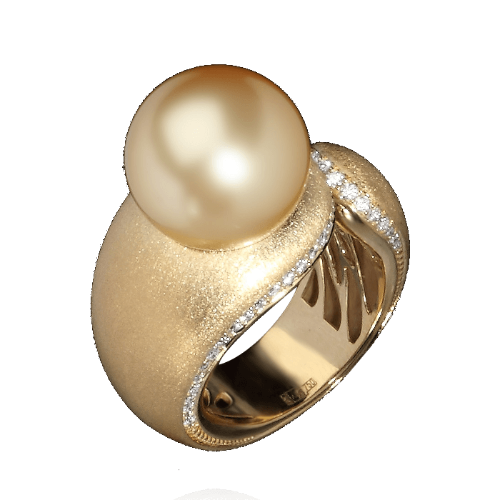 Кольцо с жемчугом, бриллиантами в желтом золоте 750 пробы, фото № 1