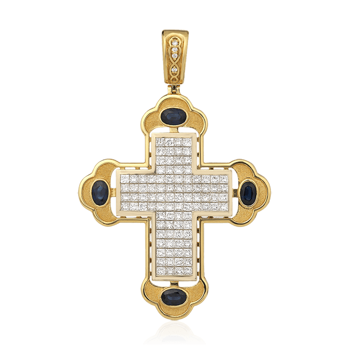 Крест с сапфиром, бриллиантами из желтого золота 750 пробы (арт. 76565)