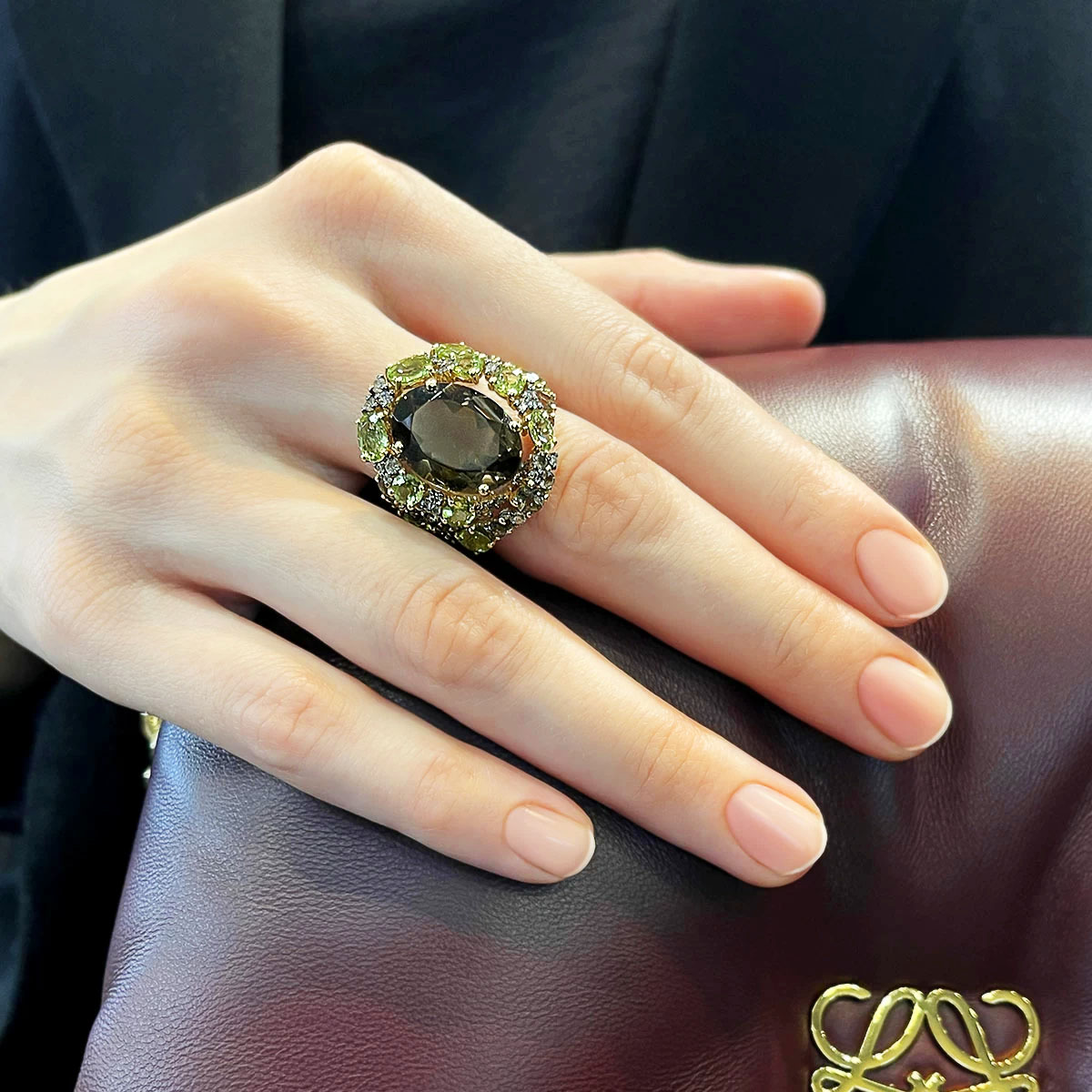 Кольцо с раухтопазом, перидотом, бриллиантами из желтого золота 585 пробы, фото № 5