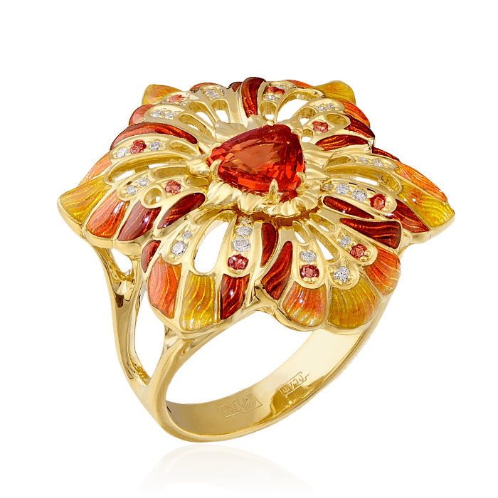Кольцо Цветок с бриллиантами, эмалью, сапфиром фантазийным из желтого золота 750 пробы, фото № 1