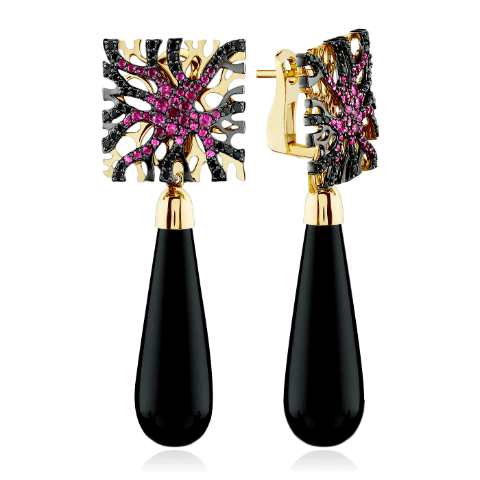 Длинные серьги с рубином, бриллиантами, ониксом из желтого золота 750 пробы, фото № 1