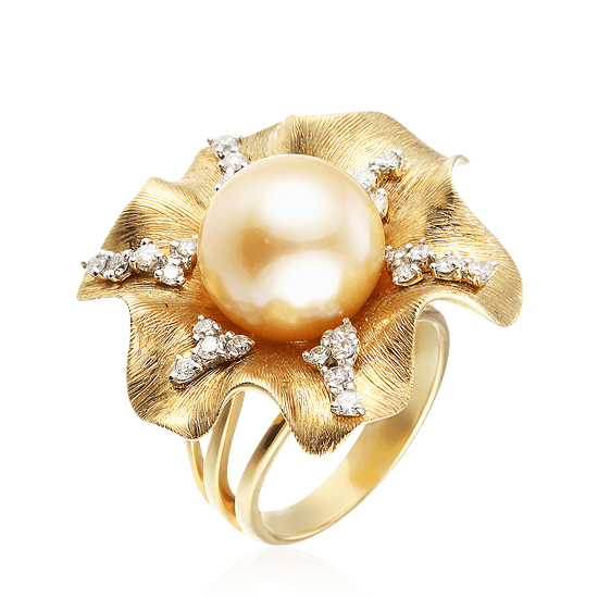 Кольцо в виде цветка с жемчугом, бриллиантами из желтого золота 750 пробы, фото № 1