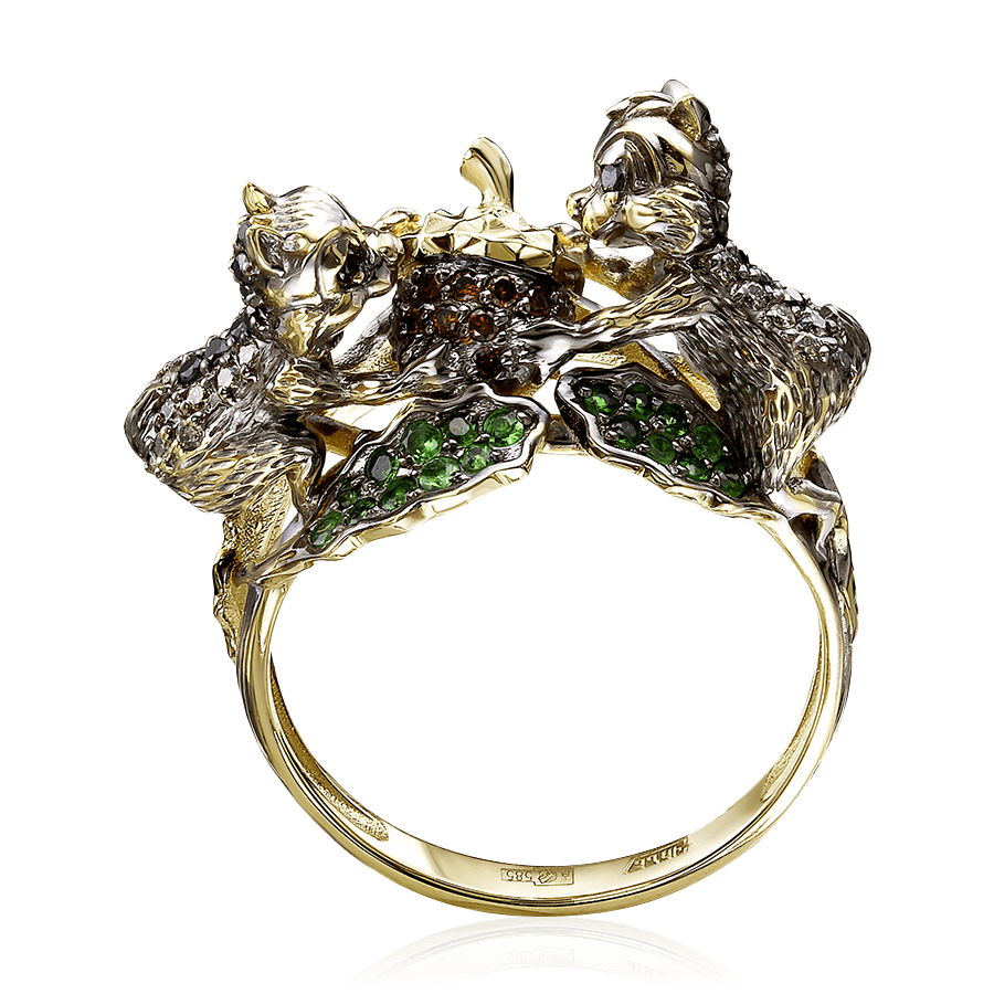 Кольцо Бурундучки с бриллиантами, тсаворитом из желтого золота 585, фото № 1