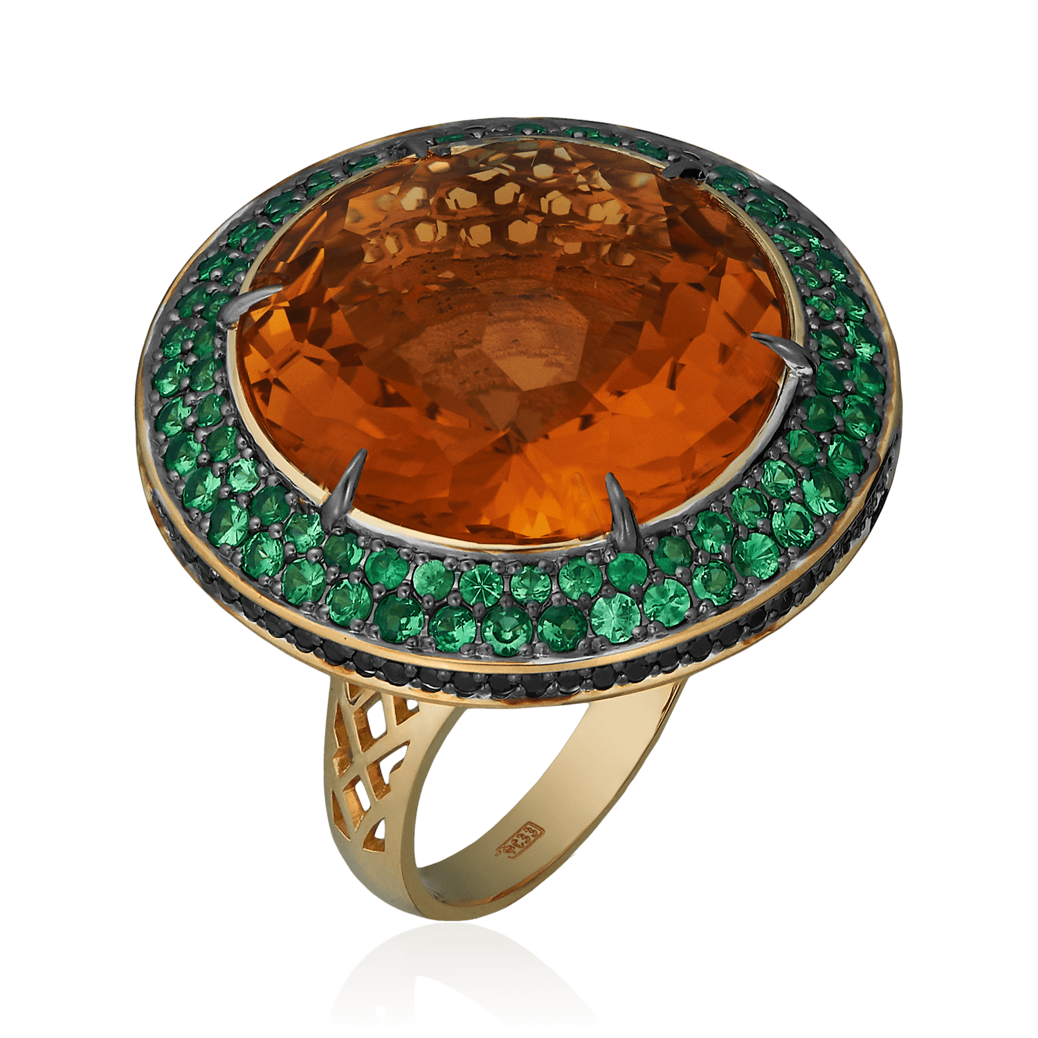Кольцо с цитрином, тсаворитами, цветными сапфирами из комбинированного золота 585 пробы (арт. 72421)