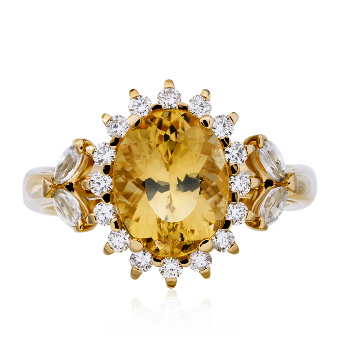 Кольцо с топазом империал, белыми сапфирами, бриллиантами из желтого золота 750 пробы, фото № 2