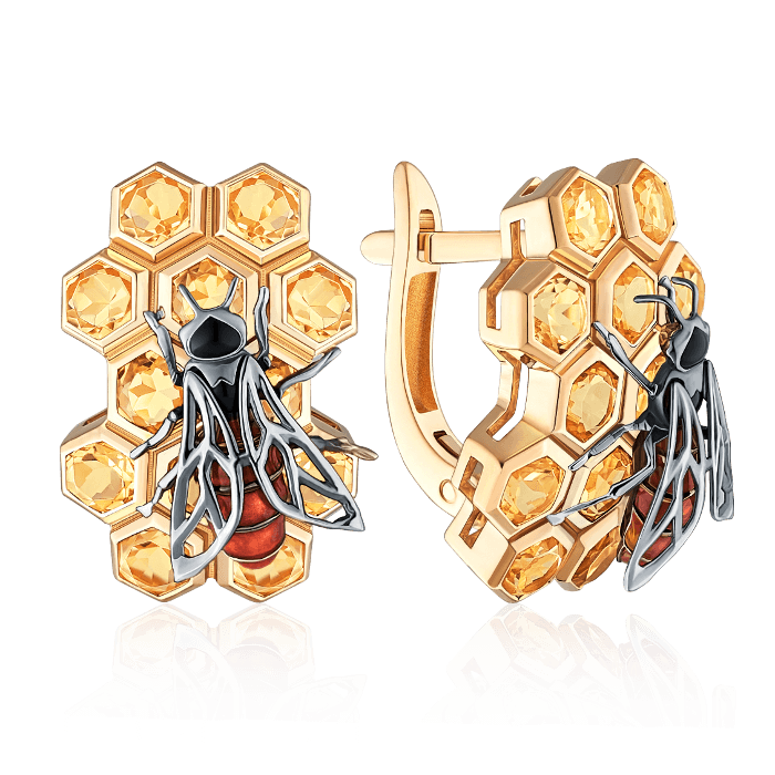 Серьги Пчелы с цитринами и эмалью в комбинированном золоте 585 пробы, фото № 1