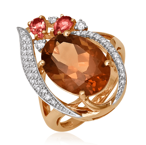 Кольцо с кварцем, турмалином, бриллиантами из комбинированного золота 585 пробы (арт. 48334)