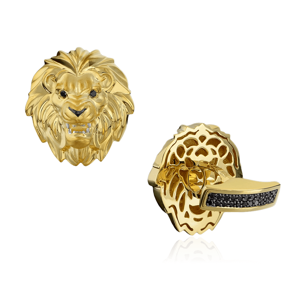 Запонки Львы с белыми и черными бриллиантами в желтом золоте 750 пробы, фото № 1
