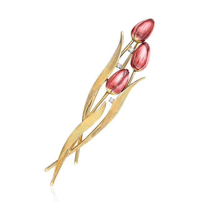 Брошь Тюльпаны с бриллиантами из желтого золота 585 пробы с тюльпанами, выполненными в уникальной эмалевой технике Финифть, фото № 1