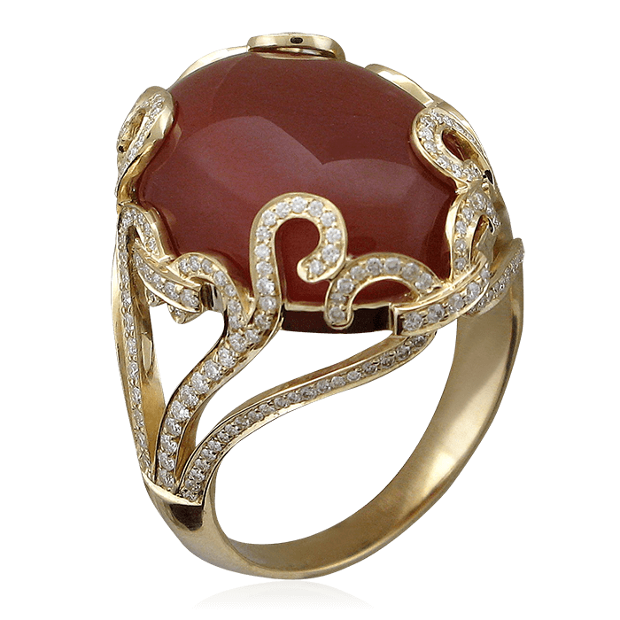 Кольцо с бриллиантами, сердоликом из желтого золота 750 пробы, фото № 1