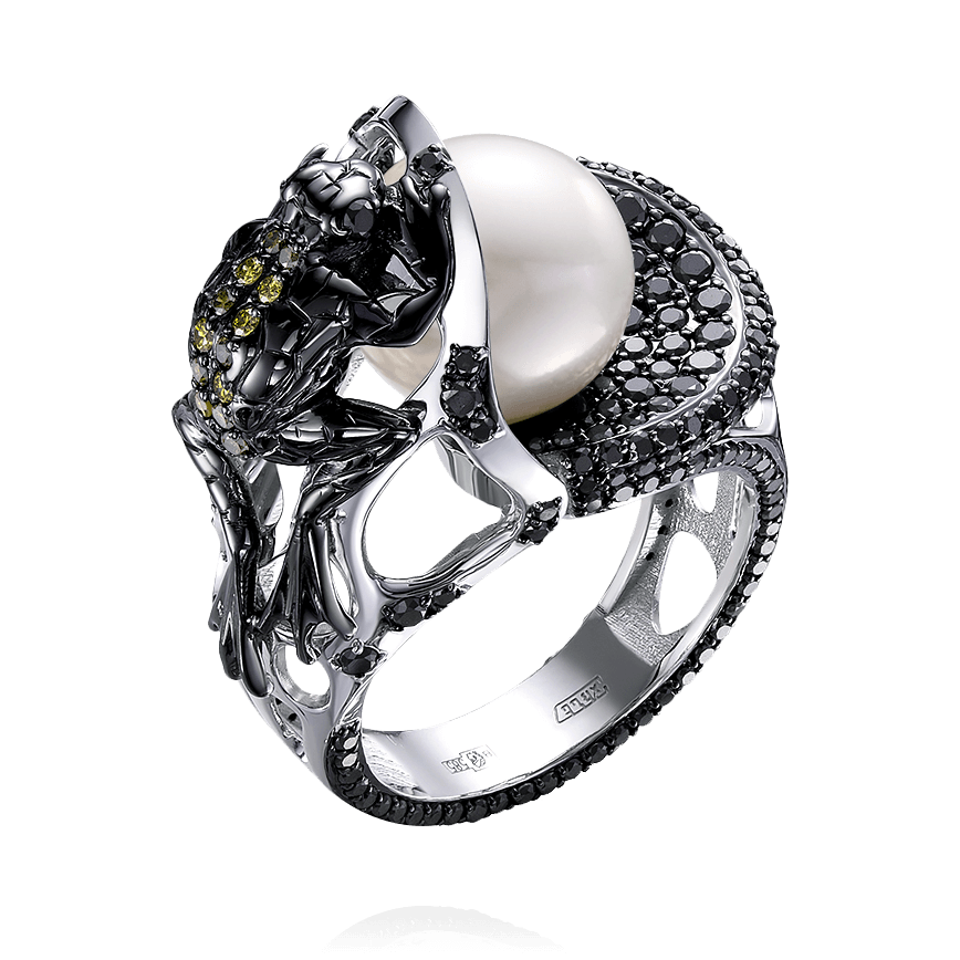 Кольцо Лягушка с жемчугом, бриллиантами из белого золота 585 пробы, фото № 1