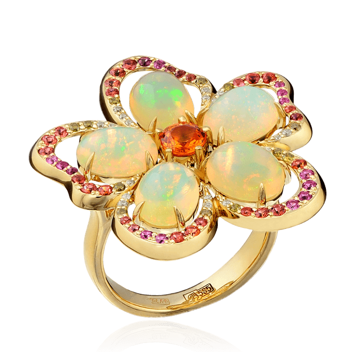 Кольцо Цветок с цветными камнями и бриллиантами в желтом золоте 585 пробы, фото № 1