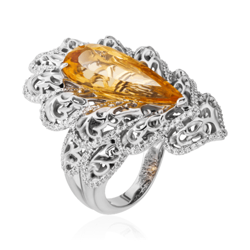 Кольцо с топазом империал, бриллиантами из белого золота 750 пробы (арт. 56488)