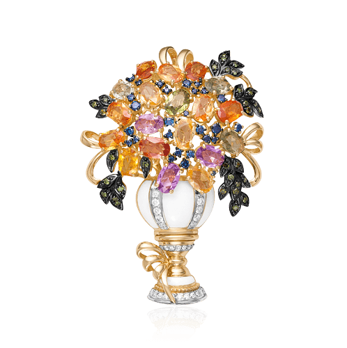 Брошь Букет цветов с цветными сапфирами, бриллиантами, эмалью из комбинированного золота 585 пробы (арт. 49930)