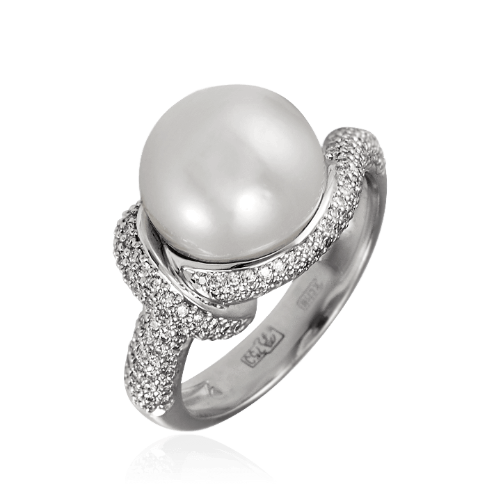 Кольцо с морским жемчугом, бриллиантами в белом золоте 585 пробы, фото № 1