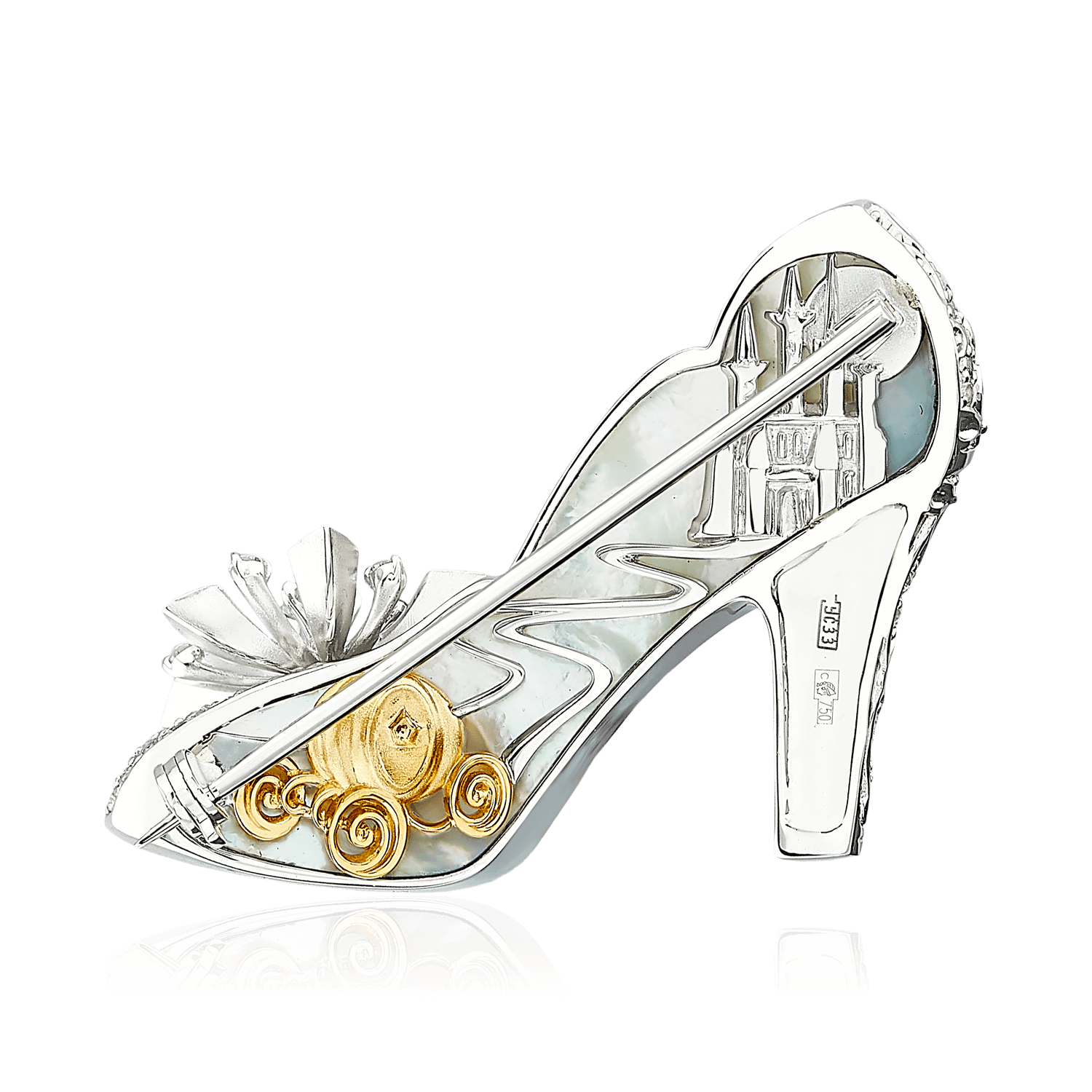 Брошь Туфелька для Золушки с бриллиантами, белыми сапфирами, перламутром из белого золота 750 пробы, фото № 2