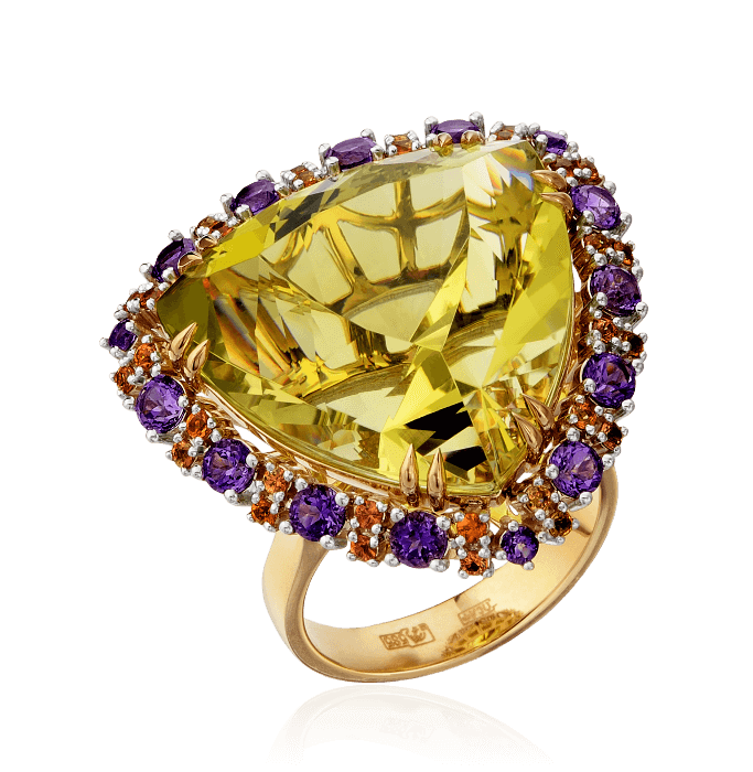 Кольцо с цветными камнями в желтом золоте 585 пробы, фото № 1