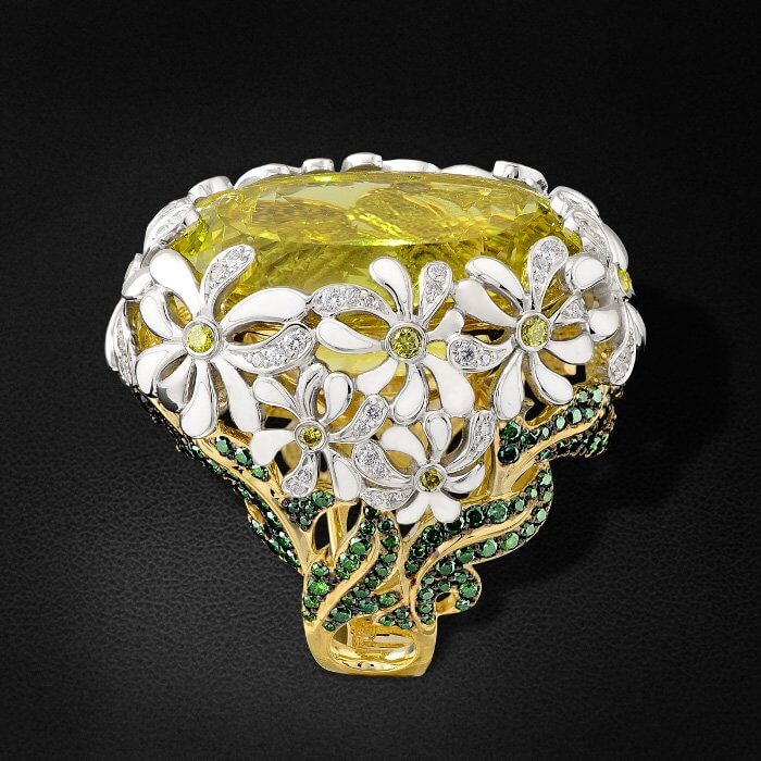 Кольцо с бриллиантами, кварцем, эмалью из комбинированного золота 750 пробы, фото № 3
