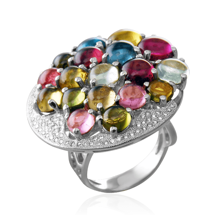Кольцо с турмалином, бриллиантами из белого золота 585 пробы (арт. 39321)