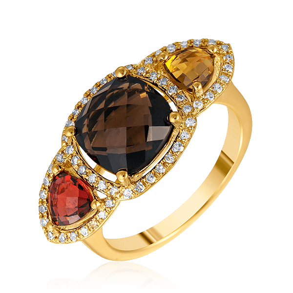 Кольцо с раухтопазом, гранатом, цитрином и бриллиантами в желтом золоте 585 пробы, фото № 1