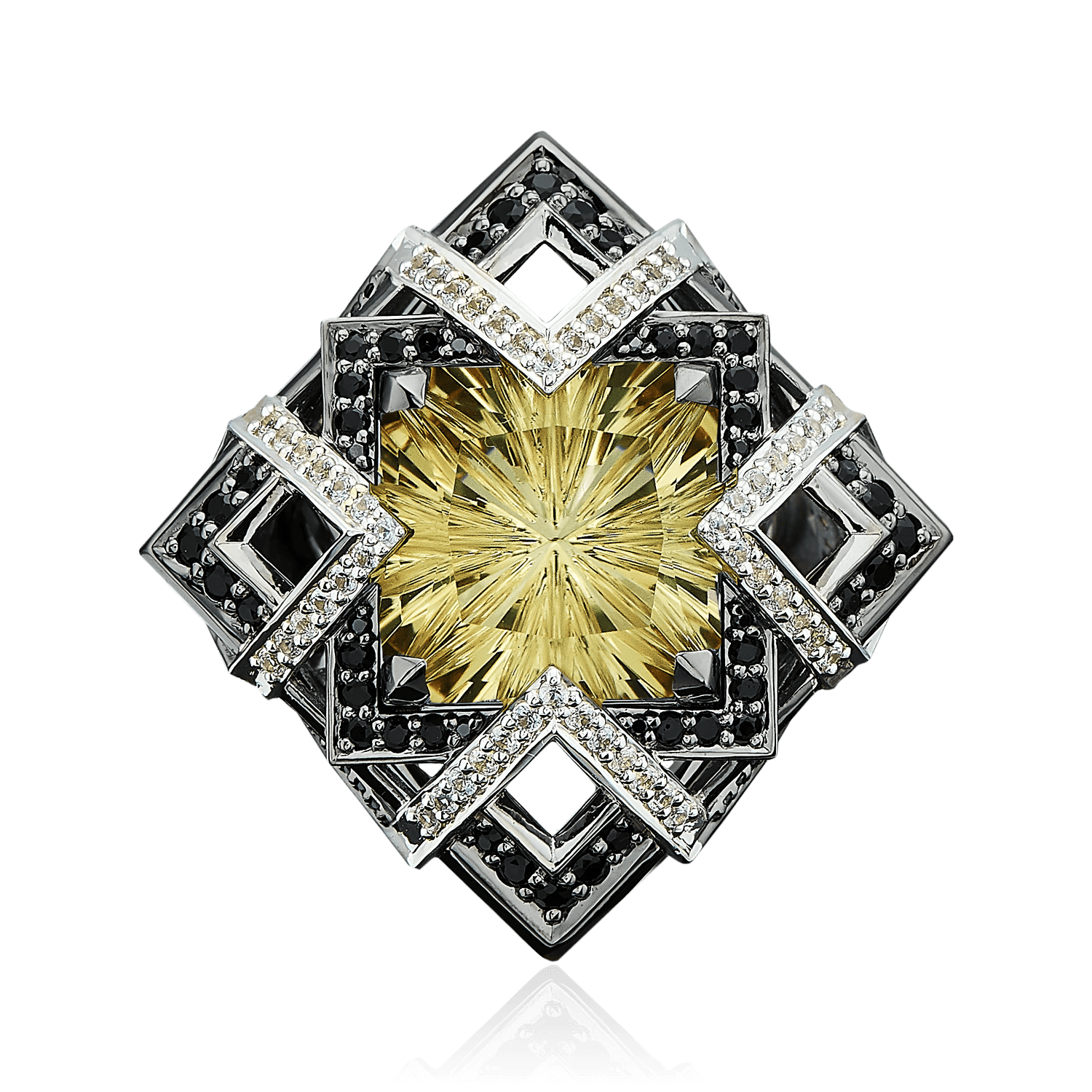 Кольцо с цитрином, цветными сапфирами, бриллиантами из белого золота 750 пробы (арт. 72381)