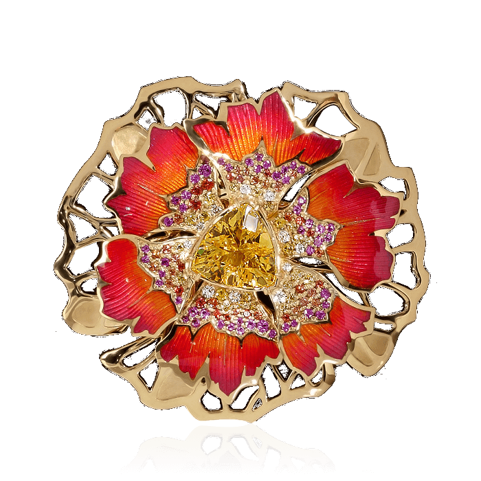 Брошь Василек из коллекции Botanic c бериллом, цветными сапфирами, бриллиантами и эмалью в желтом золоте 750 пробы (арт. 34609)