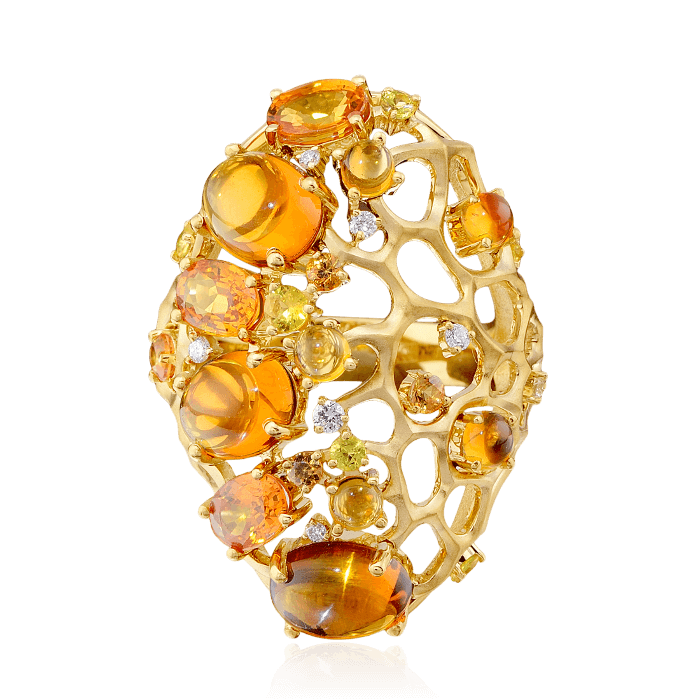 Кольцо с цитринами, желтыми и оранжевыми сапфирами, бриллиантами в желтом золоте 585 пробы, фото № 2