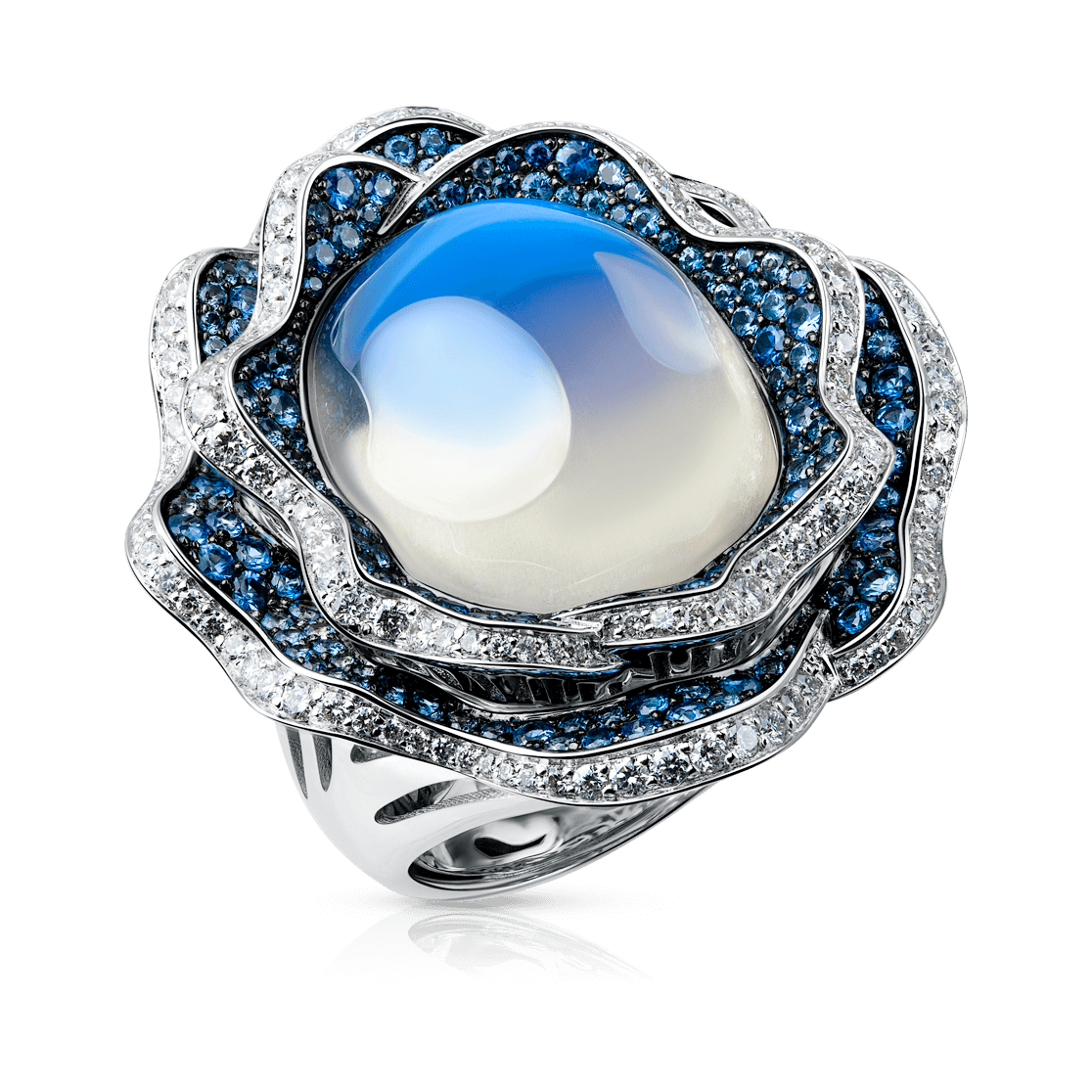 Кольцо с лунным камнем, сапфирами и бриллиантами в белом золоте 585 пробы, фото № 5