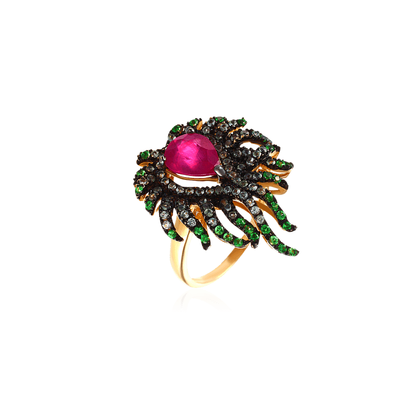 Кольцо с рубином, тсаворитом, сапфиром фантазийным из желтого золота 585 пробы, фото № 1