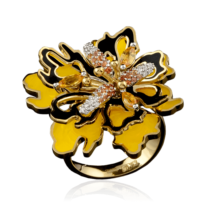Кольцо цветок с эмалью, цветными сапфирами и бриллиантами в желтом золоте 750 пробы, фото № 1