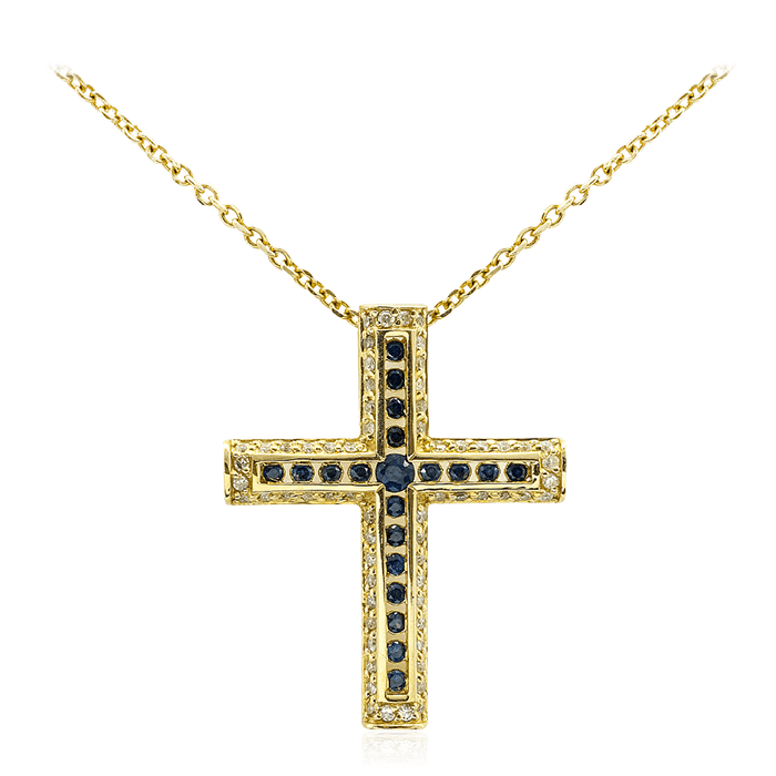 Крест с сапфиром, бриллиантами из желтого золота 585 пробы, фото № 1