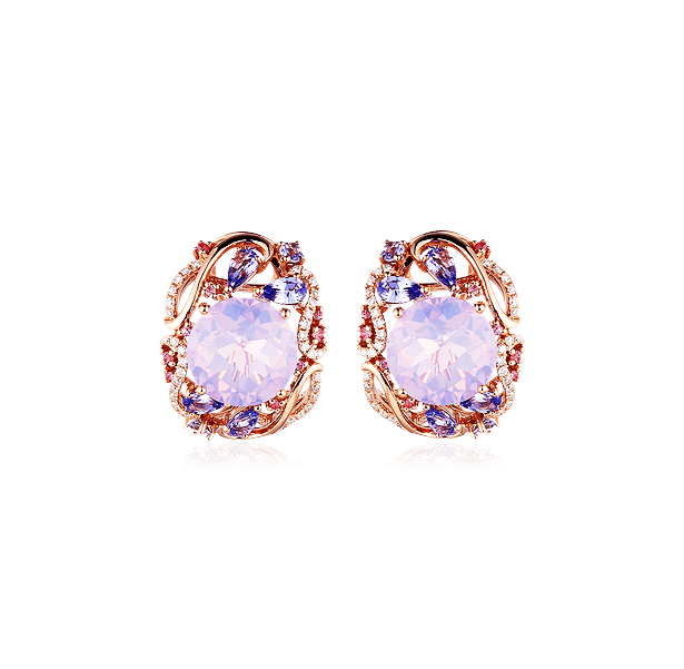 Серьги с аметистами, бриллиантами, цветными сапфирами, танзанитами из розового золота 585 пробы, фото № 1