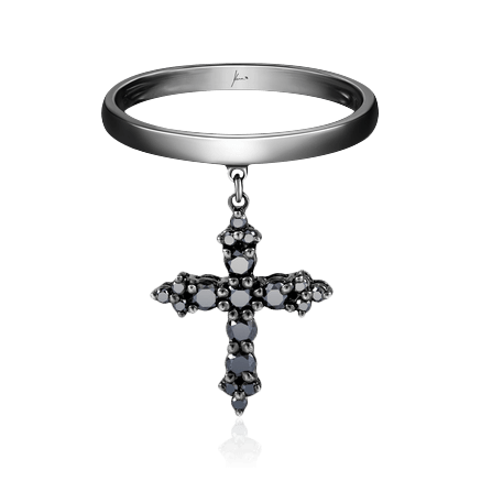 Кольцо с подвесным крестом с черными бриллиантами из черного золота 750 пробы (арт. 91753)