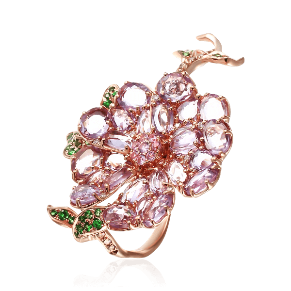 Кольцо в виде цветка с сапфиром, бриллиантами, аметистом, тсаворитом из красного золота 585 пробы (арт. 65641)