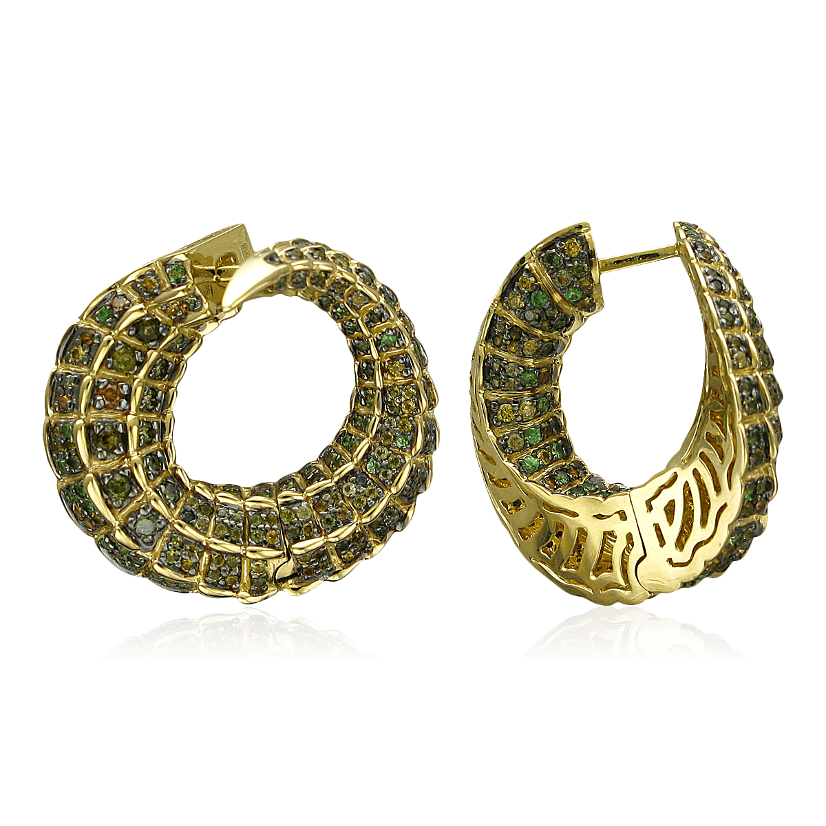 Серьги Крокодилы с бриллиантами, турмалином, тсаворитом из желтого золота 585 пробы (арт. 101640)