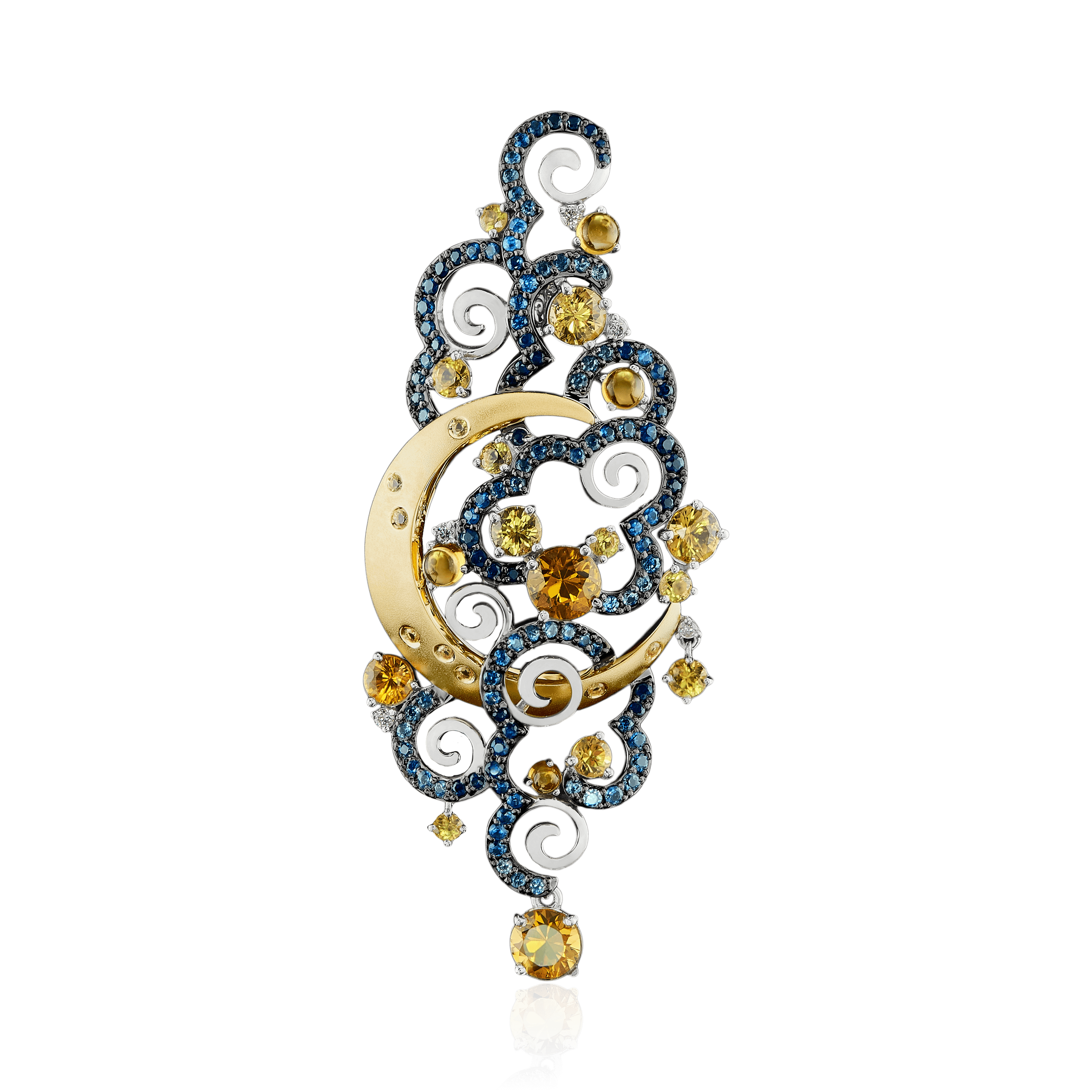 Кулон Полумесяц с цитрином, сапфиром, бриллиантами из желтого золота 750 пробы, фото № 1