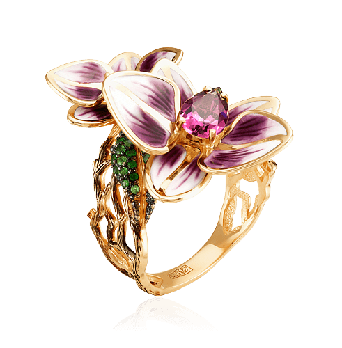 Кольцо Орхидея с эмалью, тсаворитом, родолитом из желтого золота 585 пробы, фото № 1
