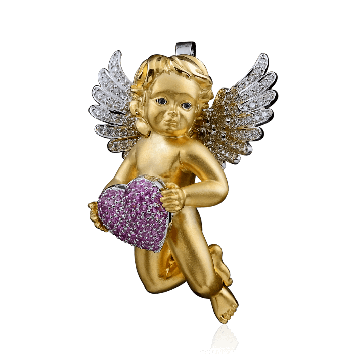 Кулон Ангел с рубинами, сапфирами и бриллиантами в желтом и белом золоте 585 пробы (арт. 28218)